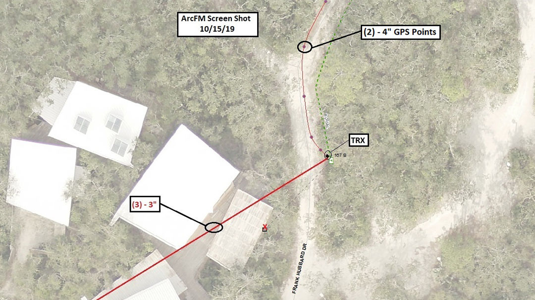 An aerial view showcasing a mapped area with marked GPS points and measurements. 