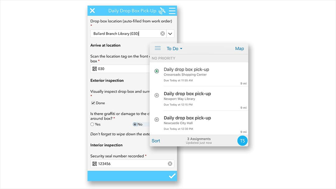 A mobile app interface displaying task management features, including a checklist and location details.