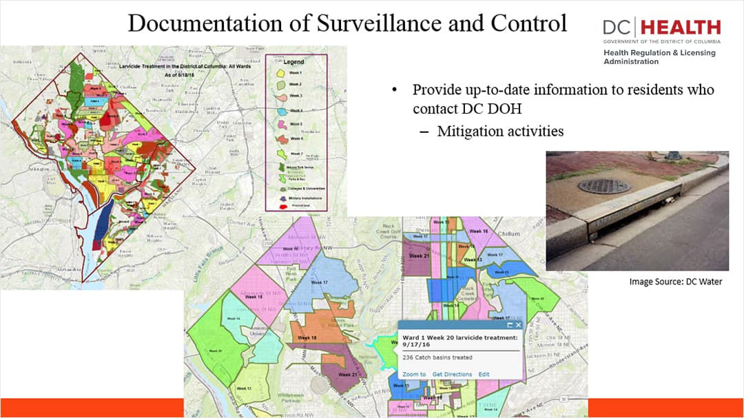 A presentation slide showcasing documentation efforts by DC Health for surveillance and control activities. 