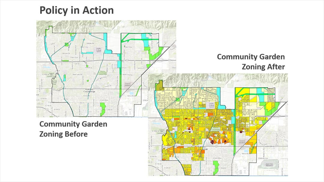 Two maps illustrate zoning changes for community gardens.