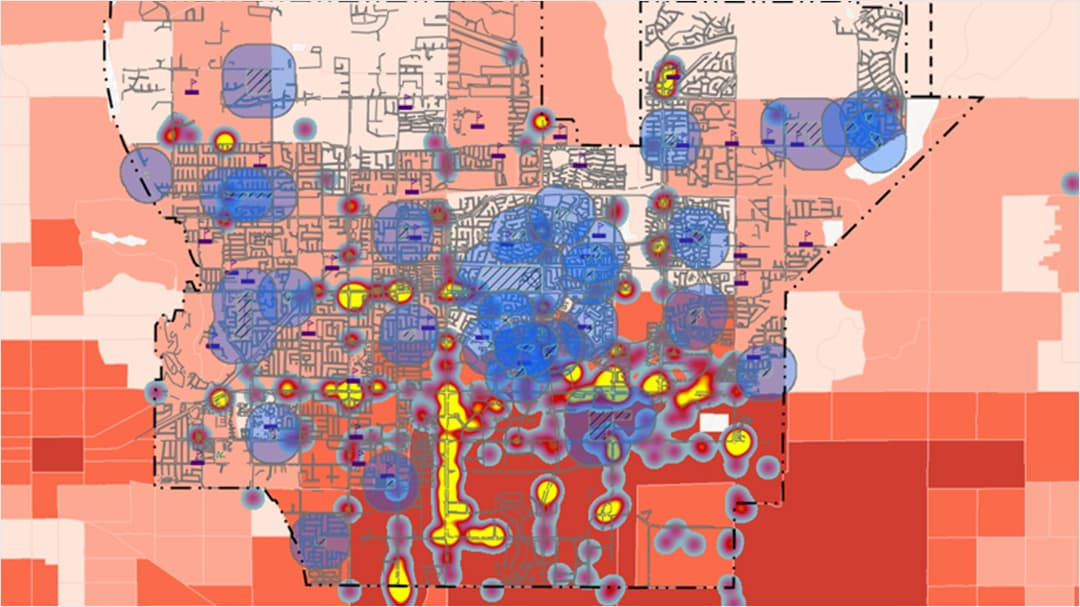 A detailed heatmap showcasing an urban region with data points overlaid.
