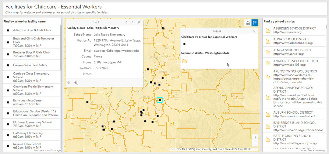 A detailed map highlighting childcare facilities available for essential workers in Washington State.