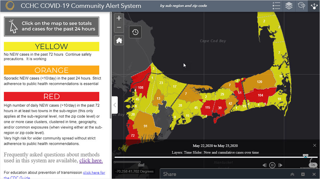 A COVID-19 community alert system map displays Cape Cod regions categorized by risk levels: yellow, orange, and red.