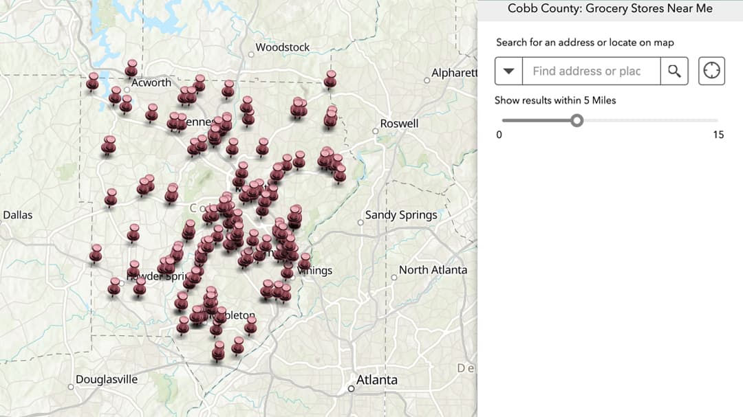 A detailed map showing grocery store locations across Cobb County, Georgia. 