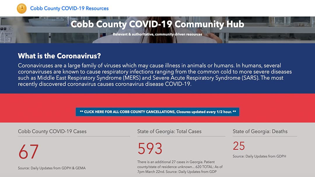 A digital dashboard displaying COVID-19 statistics for Cobb County and Georgia.