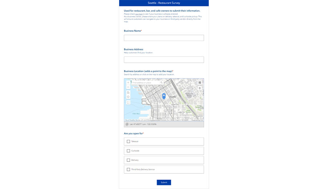 A digital survey form designed for business assessment, featuring fields for business name, address, and customer labels.