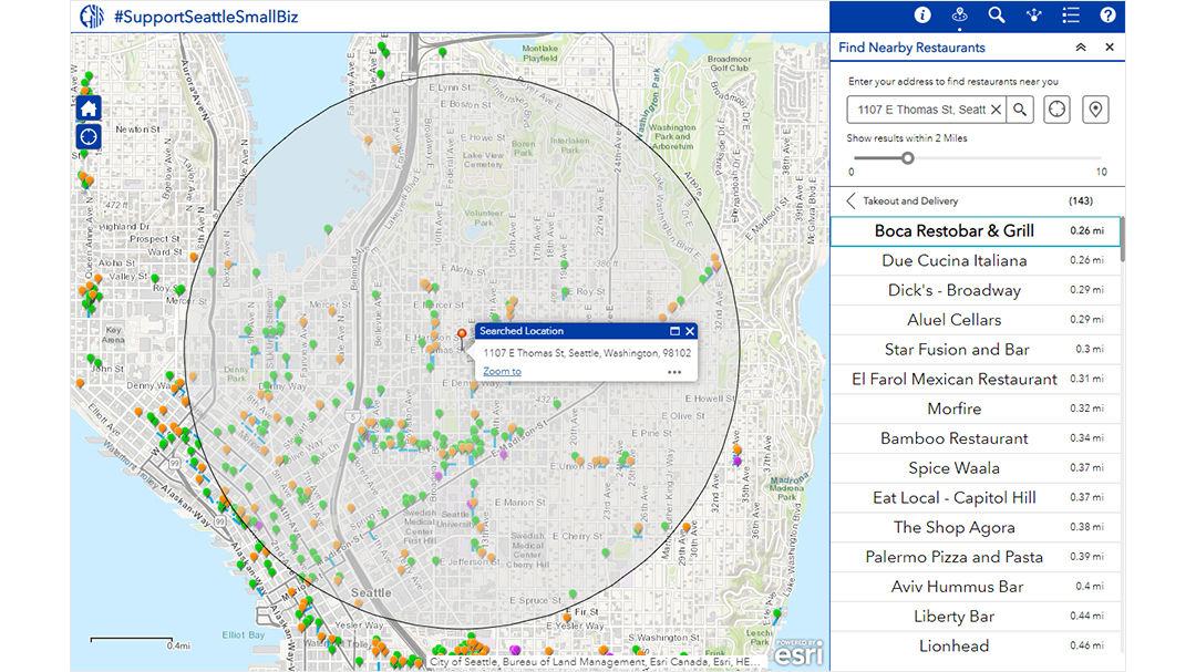 A digital map displaying restaurant locations in Seattle, Washington.