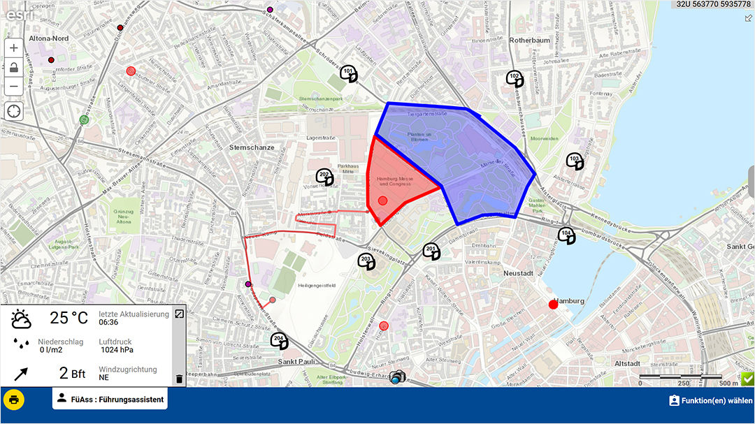 A digital map interface showing a city layout with highlighted zones in red and blue.
