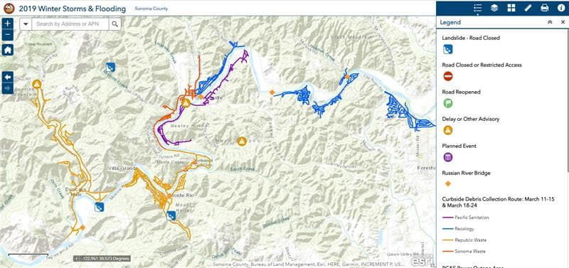 A detailed map highlighting road closures, delays, and planned events during the 2019 winter storms and flooding in Sonoma County.