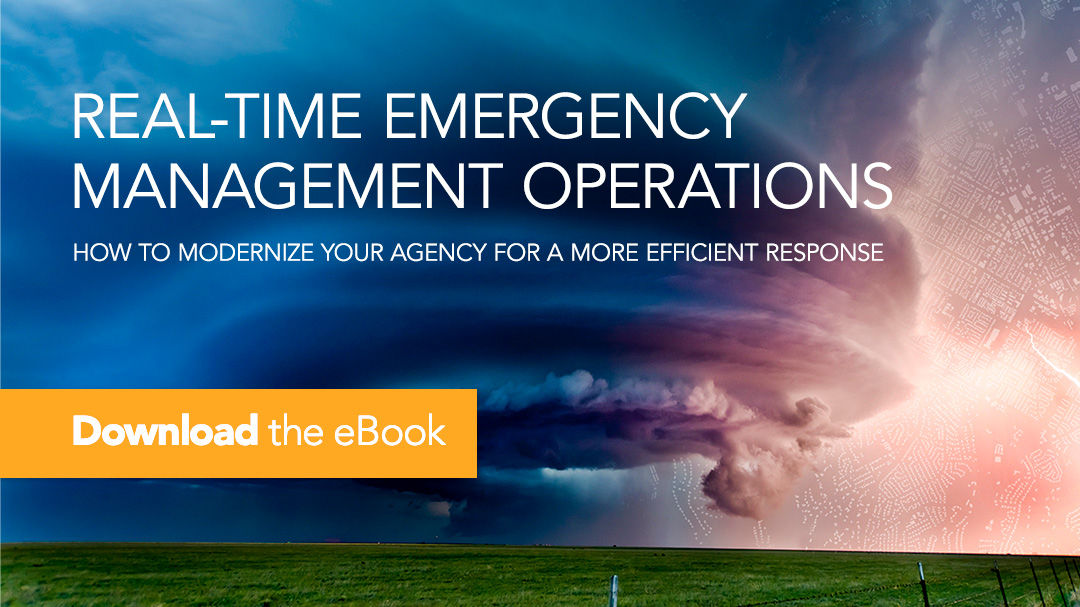 A dramatic image of a swirling storm cloud dominates the scene, symbolizing emergency scenarios.