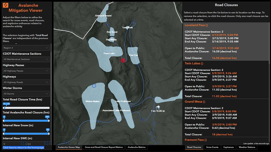 Interactive map showing avalanche mitigation zones and road closures. 