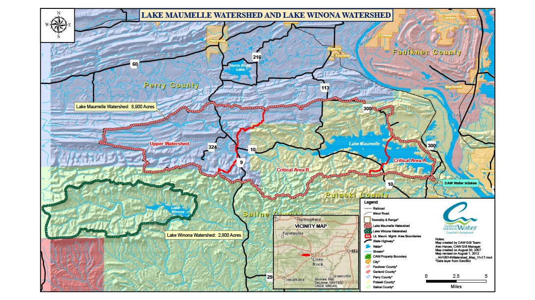 A detailed map showcasing the Lake Maumelle and Lake Winona watersheds in Pulaski County. 