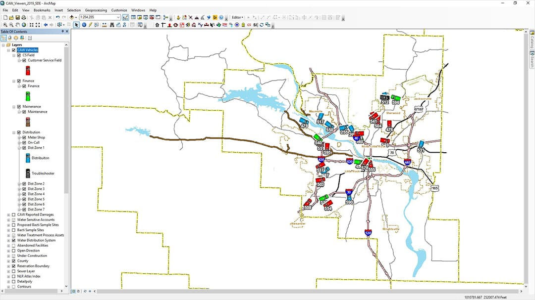 A detailed GIS software interface displaying a city map with various data overlays.