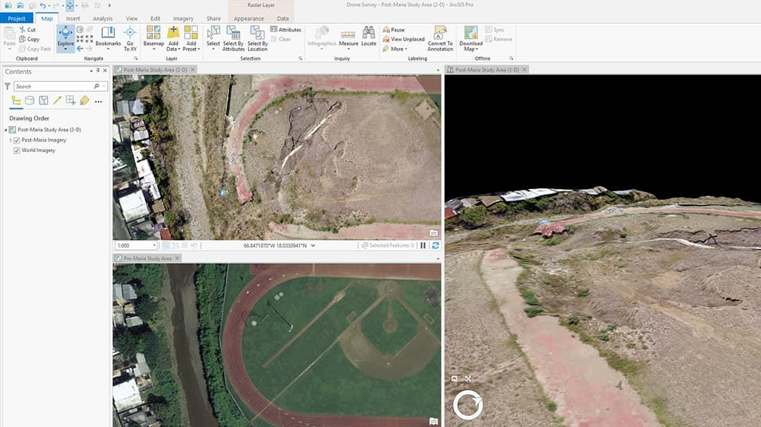 Composite aerial images showcasing a sports field with a running track and adjacent terrain.