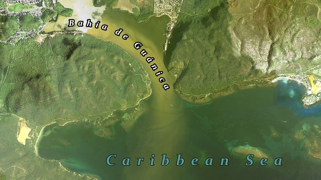 A detailed satellite image showcasing Bahía de Guánica, a bay located in Puerto Rico.