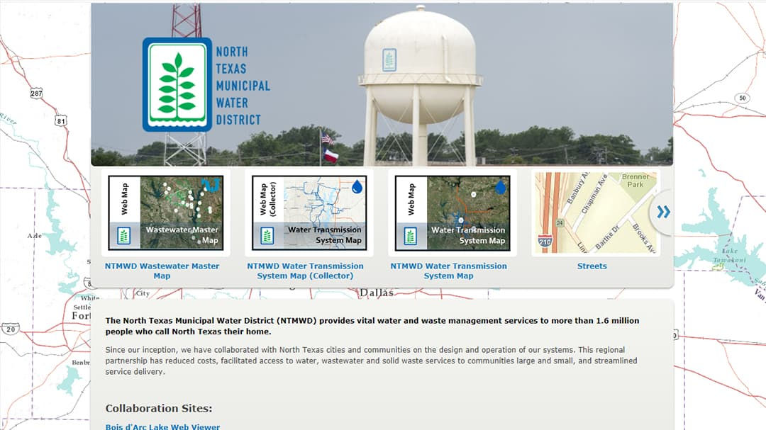 The image showcases the homepage of the North Texas Municipal Water District (NTMWD), featuring a water tower with the NTMWD logo prominently displayed.