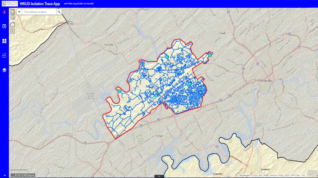 A detailed geographic map showcasing a specific region outlined in red and filled with blue markings.