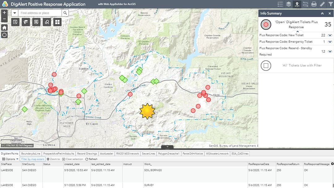 A digital interface showcasing a geospatial application with a detailed map view. 