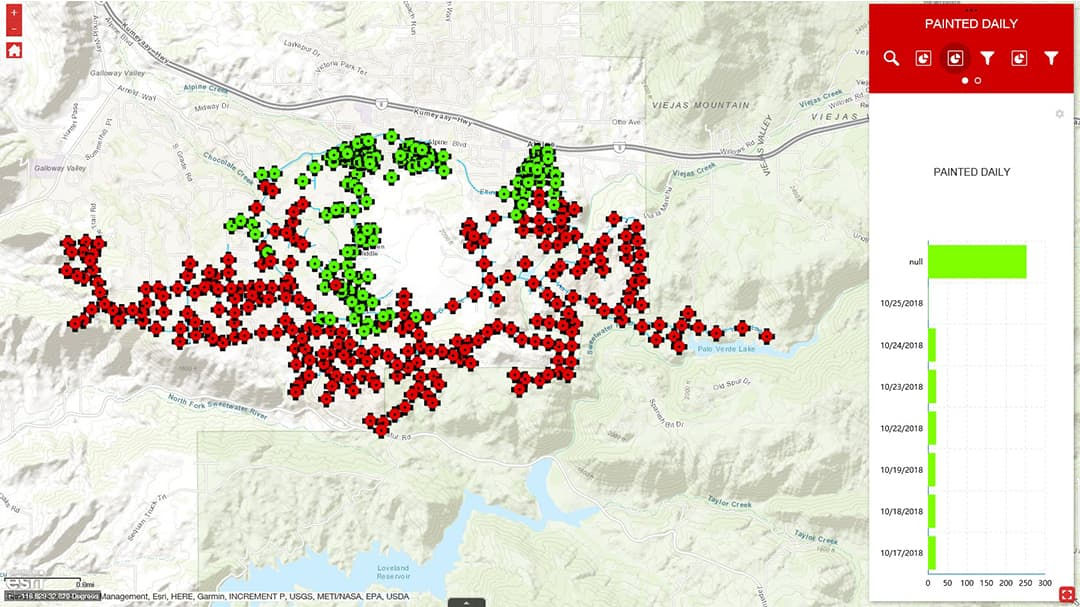 A detailed map showcasing red and green data points distributed across a geographic area.