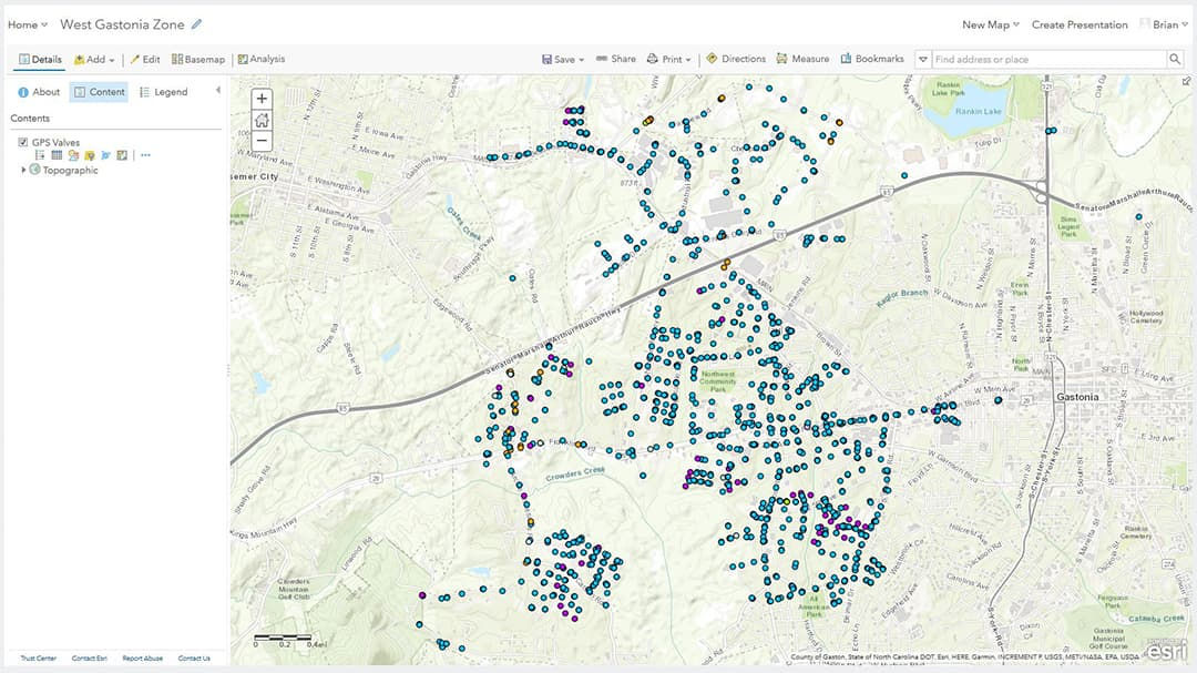 A detailed geospatial map showcasing numerous data points distributed across a region.
