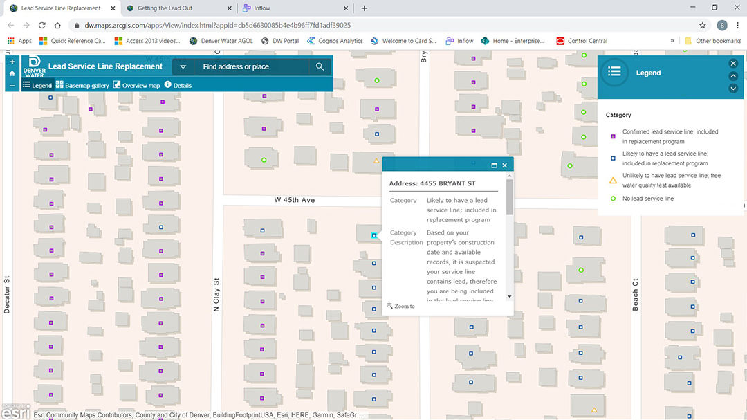 A digital map interface highlighting properties for lead service line replacement. 