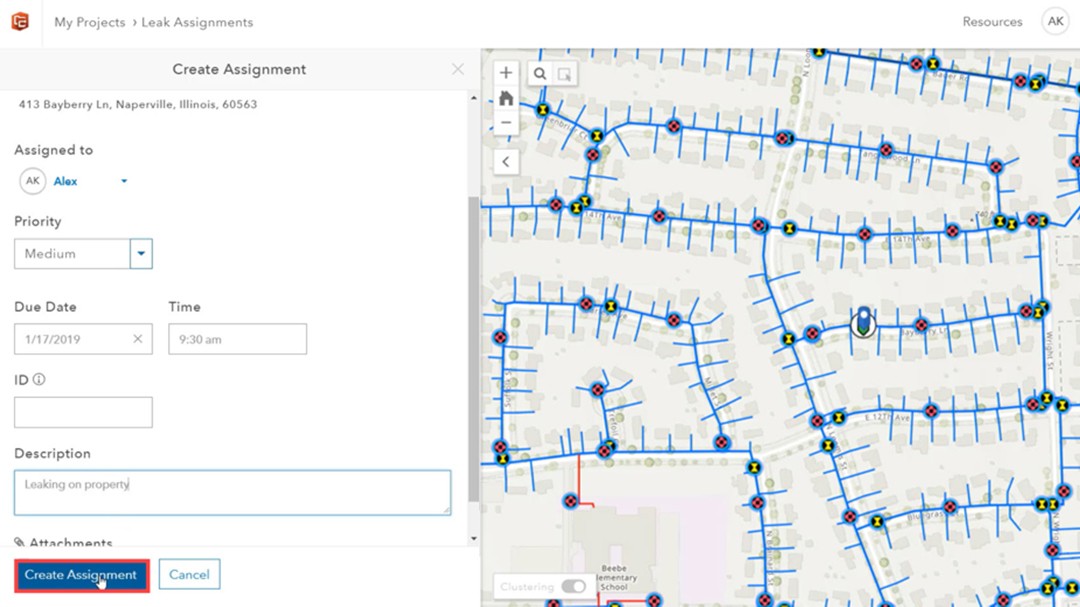 The Workforce web application is used to view the location of a leak on a map and assign a field crew member