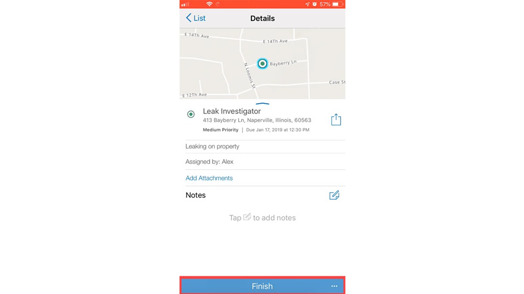 A fieldworker uses their mobile application to initiate their work on the leak. Once work is completed, they are able to take notes, add attachments, and indicate to the office that the task is complete