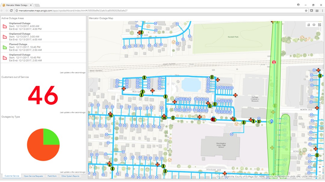 Operations Dashboard, a web application, is being used to see the number of outages and where they are on an interactive map