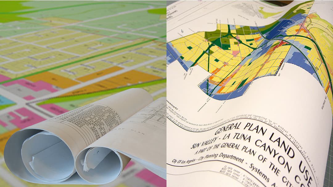 General Plan Land Use maps are adopted with Community Plans, designating allowed land uses and corresponding zones.