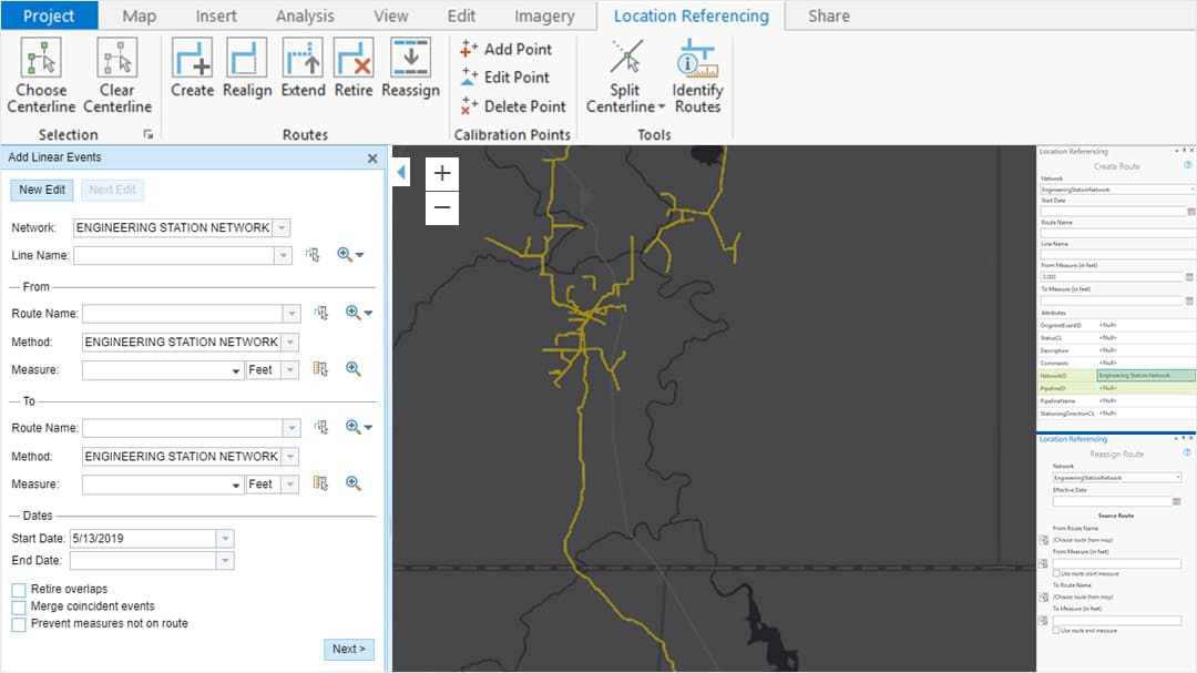 A Geographic Information System (GIS) interface displaying an engineering station network map.
