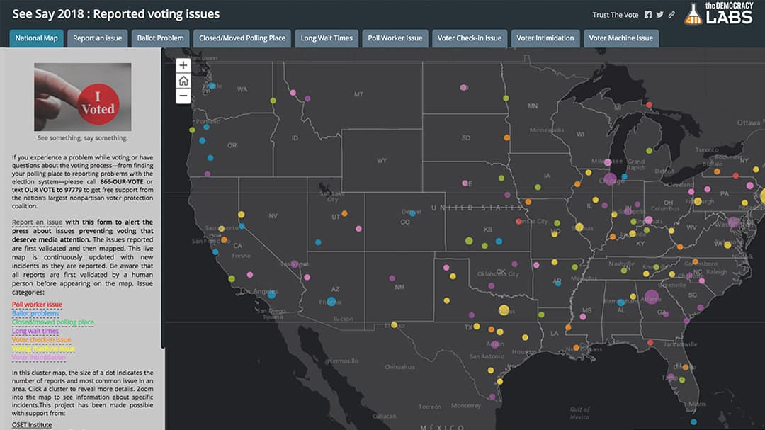 A digital map displaying reported voting issues across the United States during the 2018 elections.