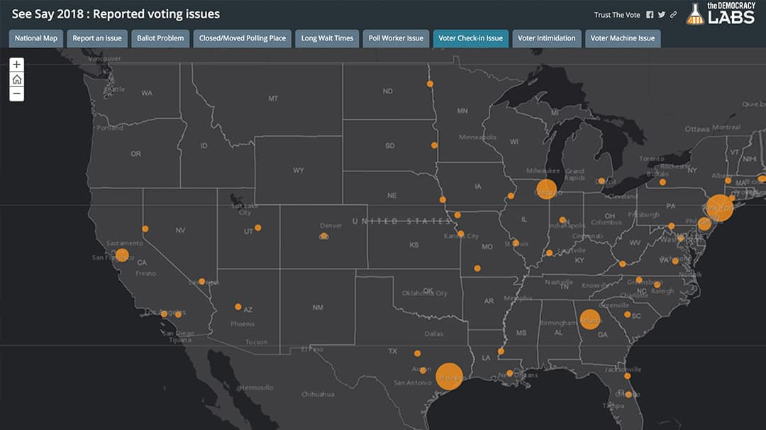 A detailed map showcasing reported voting issues across the United States during the 2018 elections.