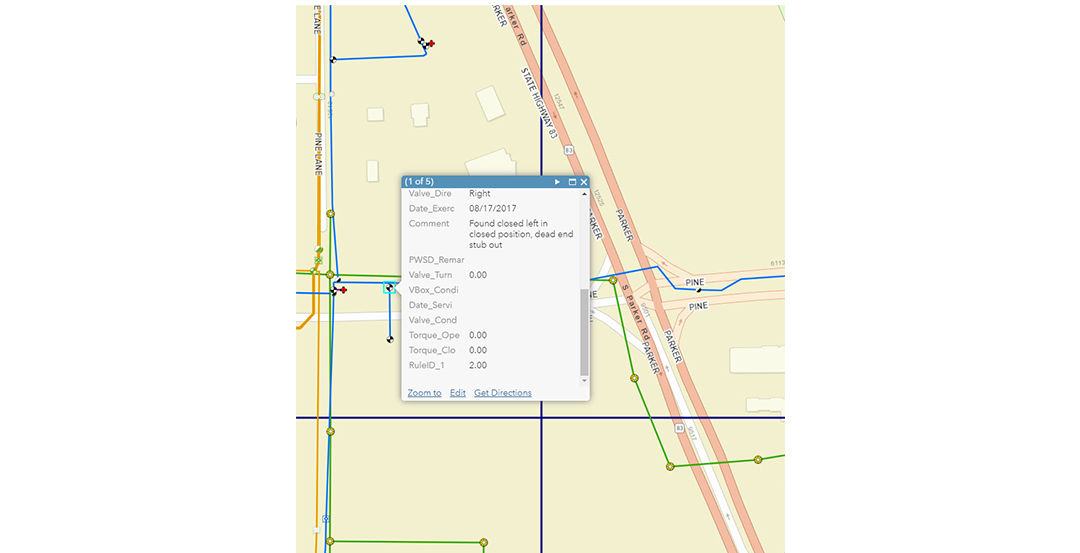 A digital map interface displaying roadways and intersections with an overlay window showing numeric data. 