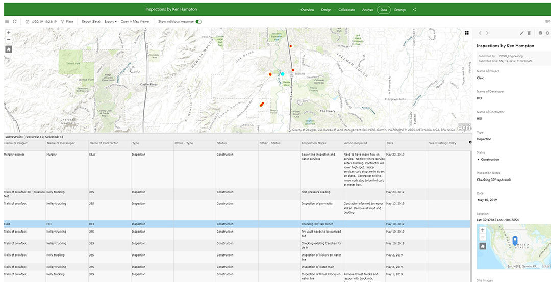 A digital dashboard displaying geospatial data and inspection records. 