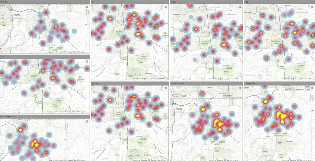A series of heatmaps displayed over geographic maps, highlighting areas of concentrated activity or data points. 