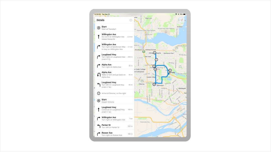 A tablet screen shows a detailed navigation route with multiple stops marked on a map.