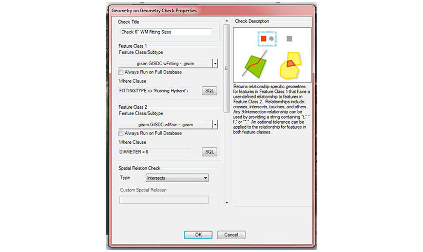 A software interface displaying geometry check properties for database features.