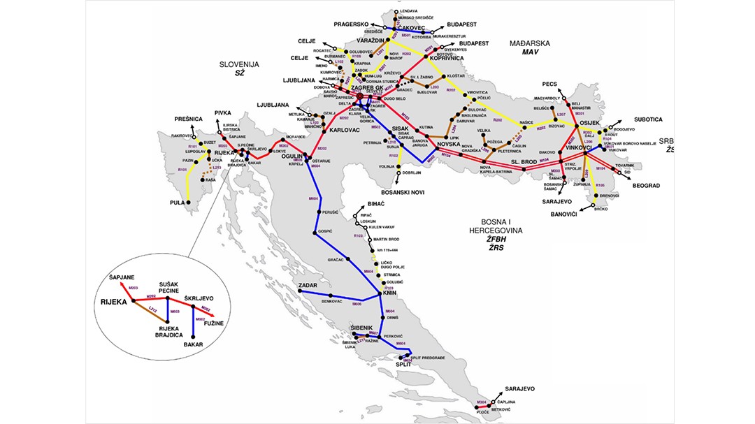 A schematic diagram of railways in Croatia.