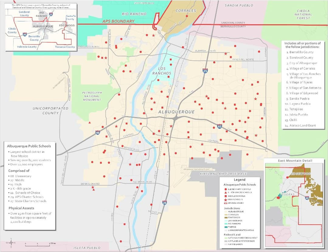 A detailed map showcasing the Albuquerque Public Schools district boundaries, including schools and physical assets. 