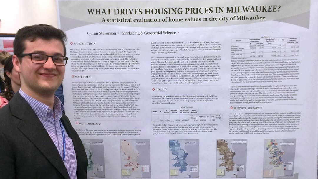 A research poster titled 'What Drives Housing Prices in Milwaukee?' explores statistical evaluation of home values in Milwaukee.
