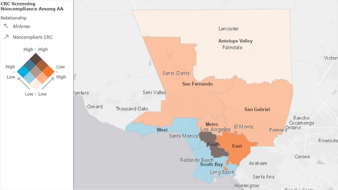 A visual map highlighting CRC screening noncompliance among African Americans across various regions in Los Angeles County. 