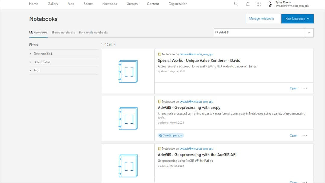 A screenshot showcasing a notebook interface featuring multiple entries related to ArcGIS geoprocessing and rendering.