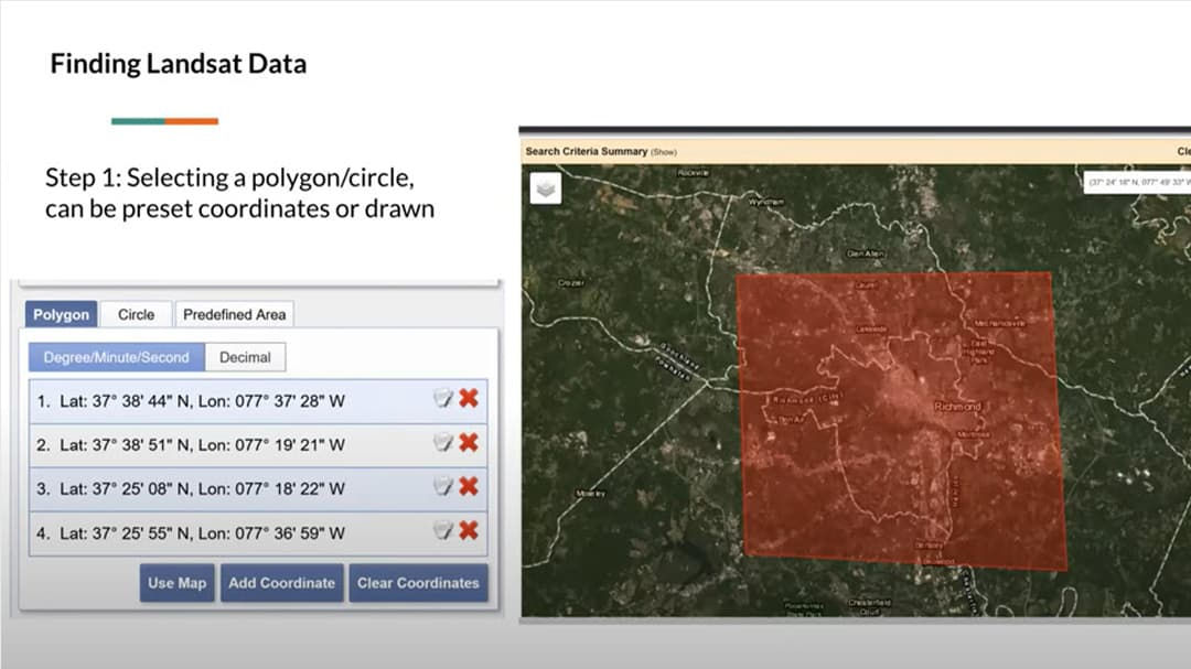 A digital interface for selecting Landsat data using polygons or coordinates is displayed.