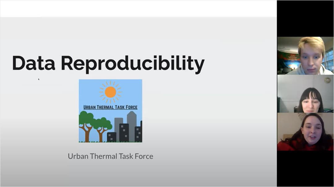 A presentation slide titled 'Data Reproducibility' featuring a logo for the Urban Thermal Task Force.