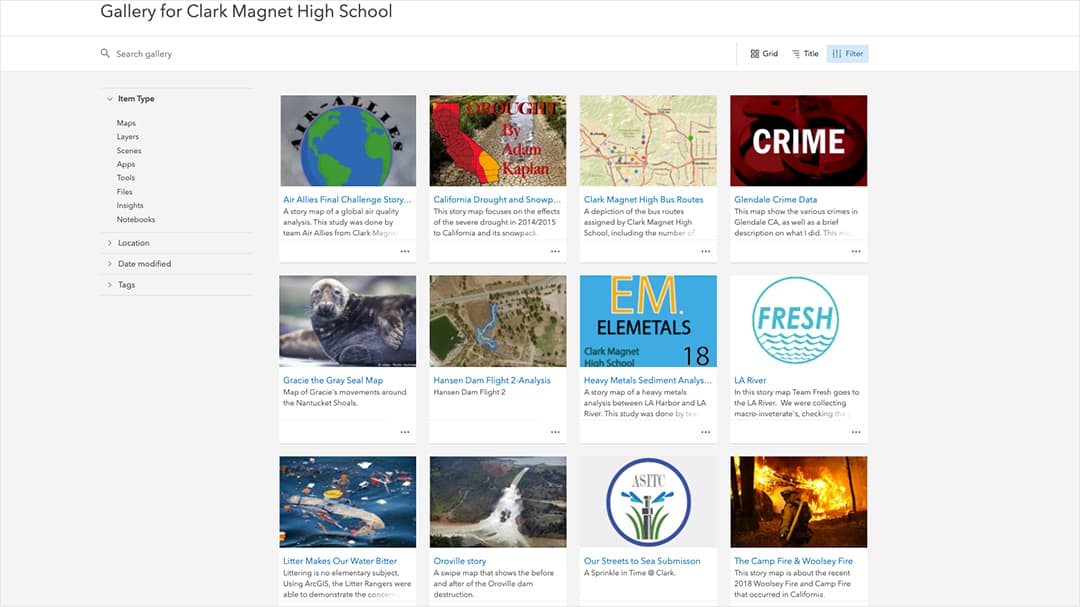 A screenshot of an ArcGIS StoryMaps gallery showing a 4x3 grid of high school projects utilizing STEM and GIS