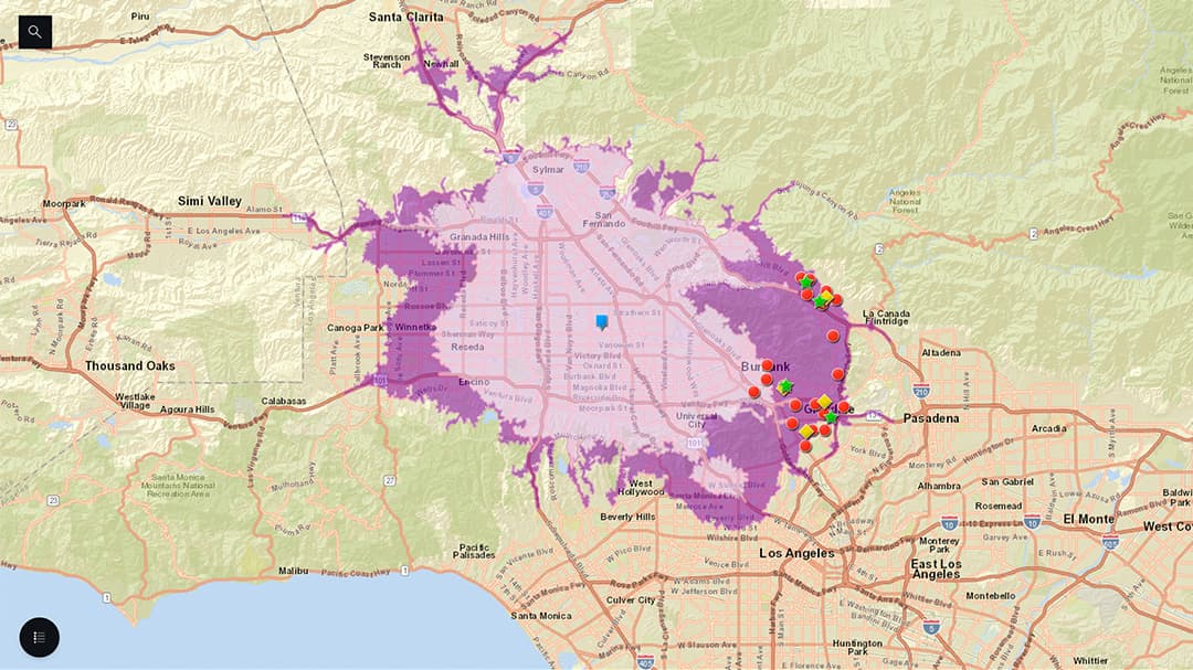 An interactive map showing Los Angeles County and parts of Ventura County, with map markings and areas shaded in light and dark purple to signify a drive-time analysis