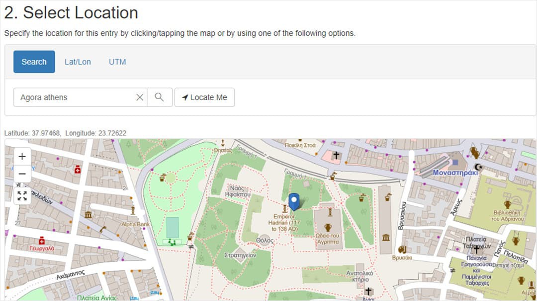 A section of a form used to collect location information with a search bar and interactive digital map