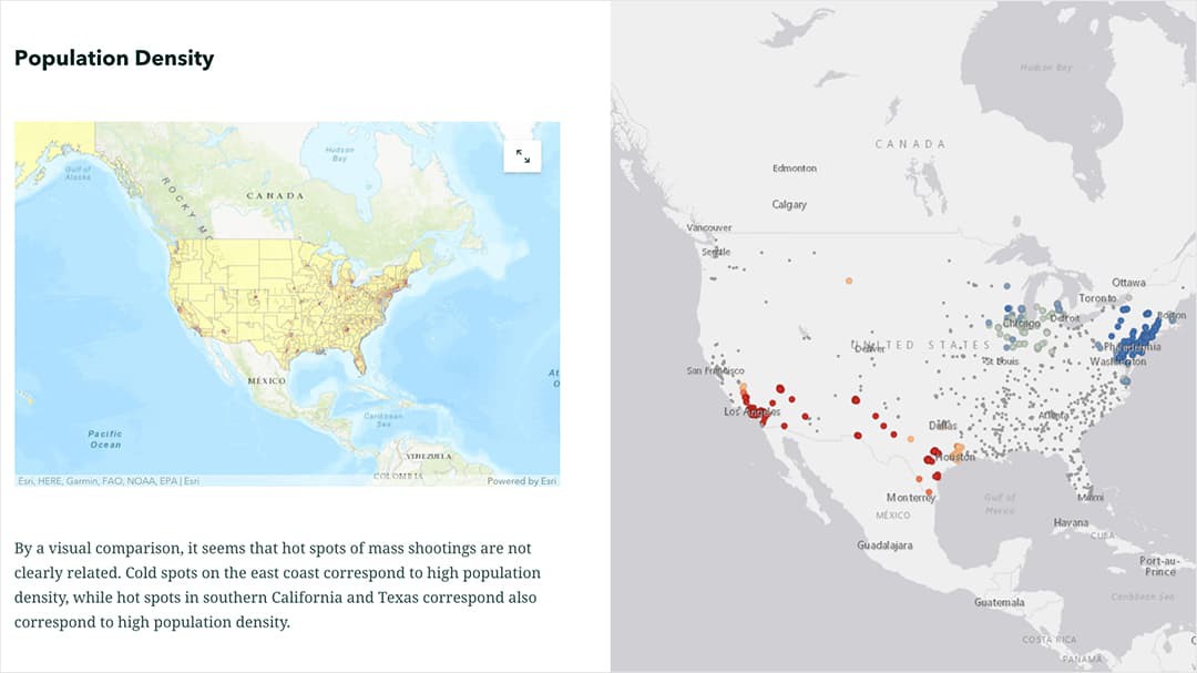 Two North American maps. Map on the left with red highlighted areas indicate high populations. Map on the right has red and blue circles to indicate mass shooting sites. 