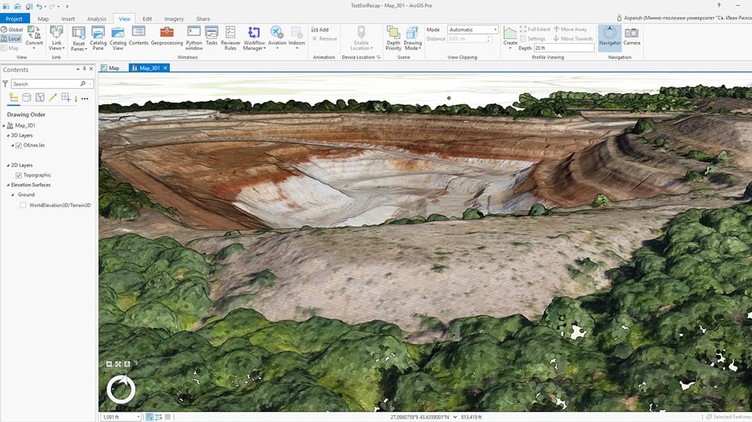 A screenshot of ArcGIS Pro being used to generate a 3D model of an open mine pit in Bulgaria