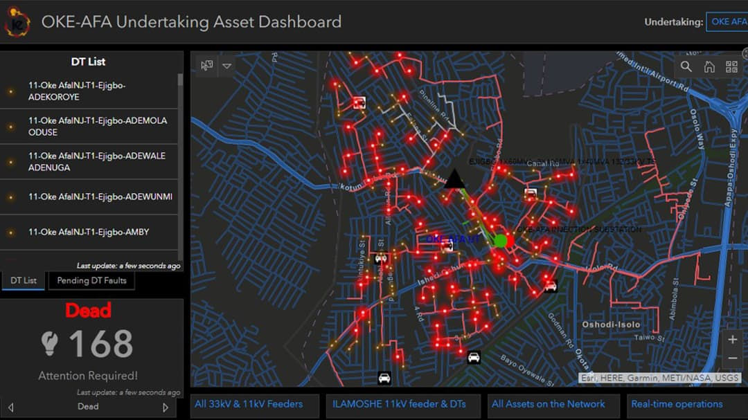A digital dashboard displaying an electrical network map with highlighted nodes and connections.